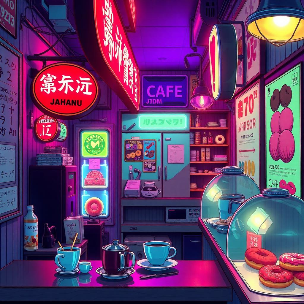 Anime style illustration of Kamikaze Cafe interior